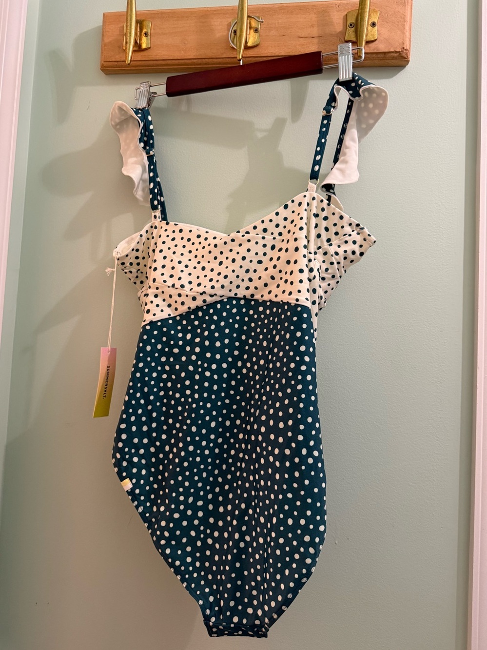 Summersalt Oasis teal blue-green & white polka dot ruffle bathing suit size 10 - Picture 2 of 4